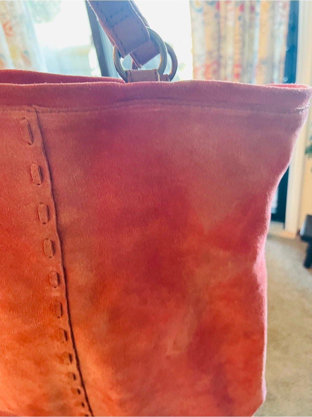 Lucky Brand Orange Suede Bucket Bag with Floral Liner and Leather Logo - Picture 5 of 5